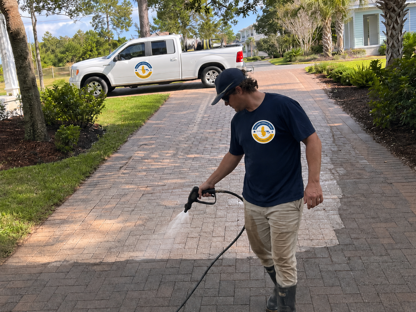 Pressure washing crew rinsing pool deck concrete in Mobile Alabama neighborhood