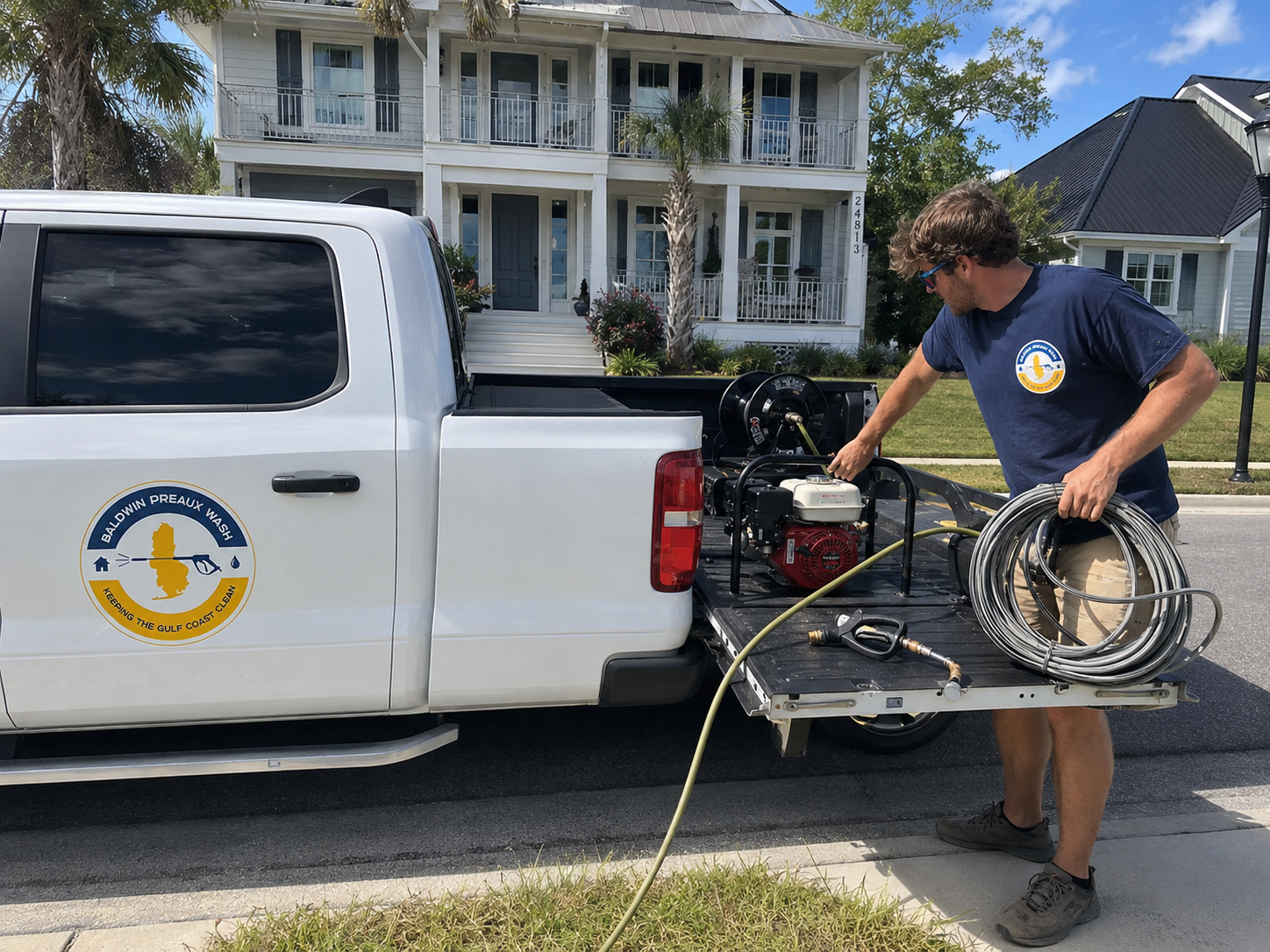 Cleaning leaves and debris out of a home gutter in Daphne