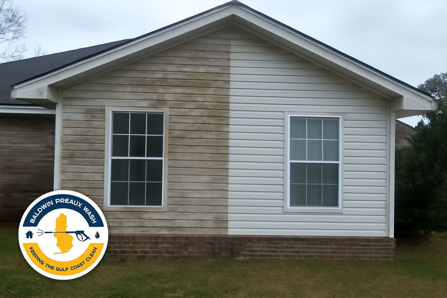 Soft wash rig set up in front of a two-story brick home in Spanish Fort, AL