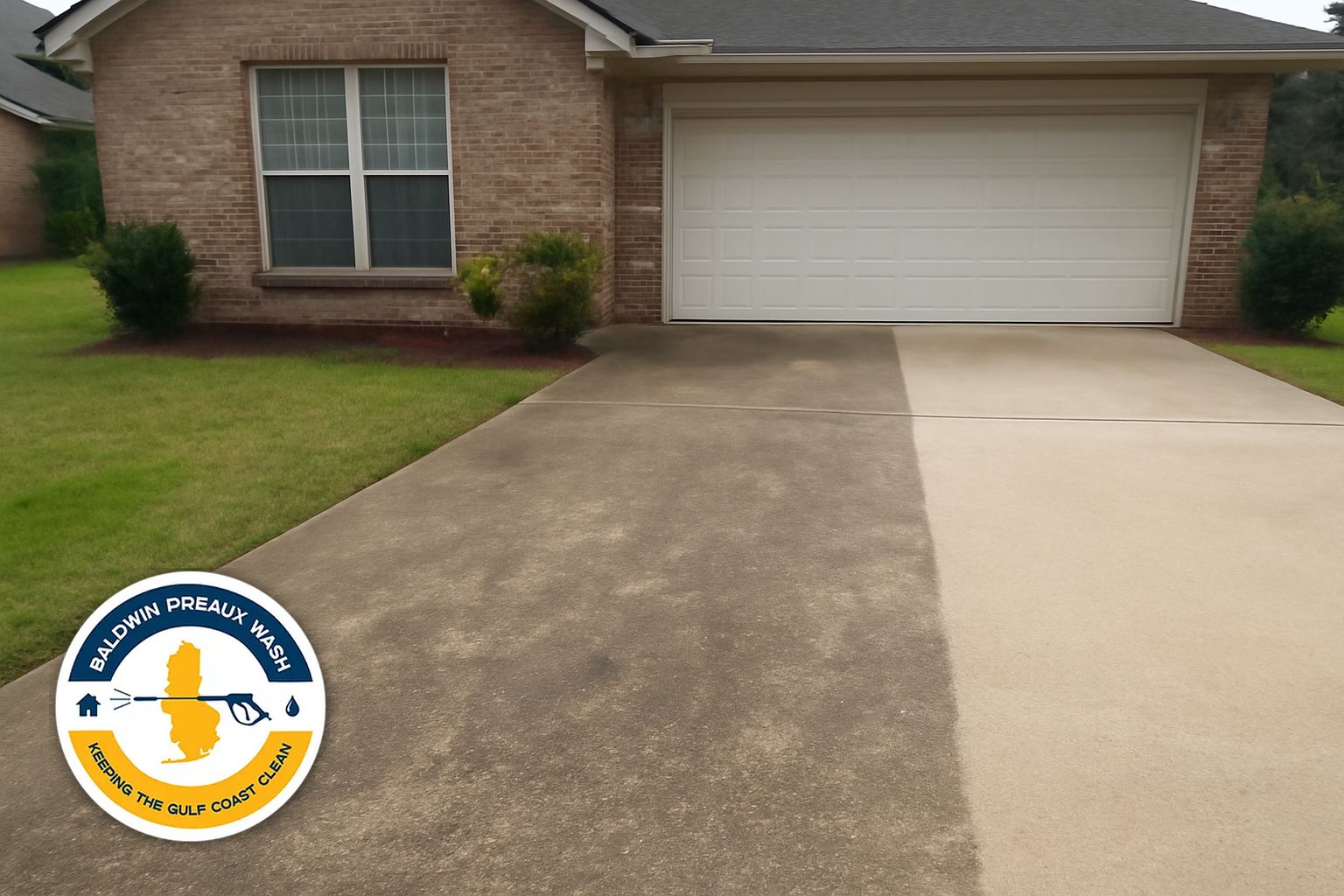 Concrete driveway being surface-cleaned in a Fairhope, AL neighborhood near Mobile Bay