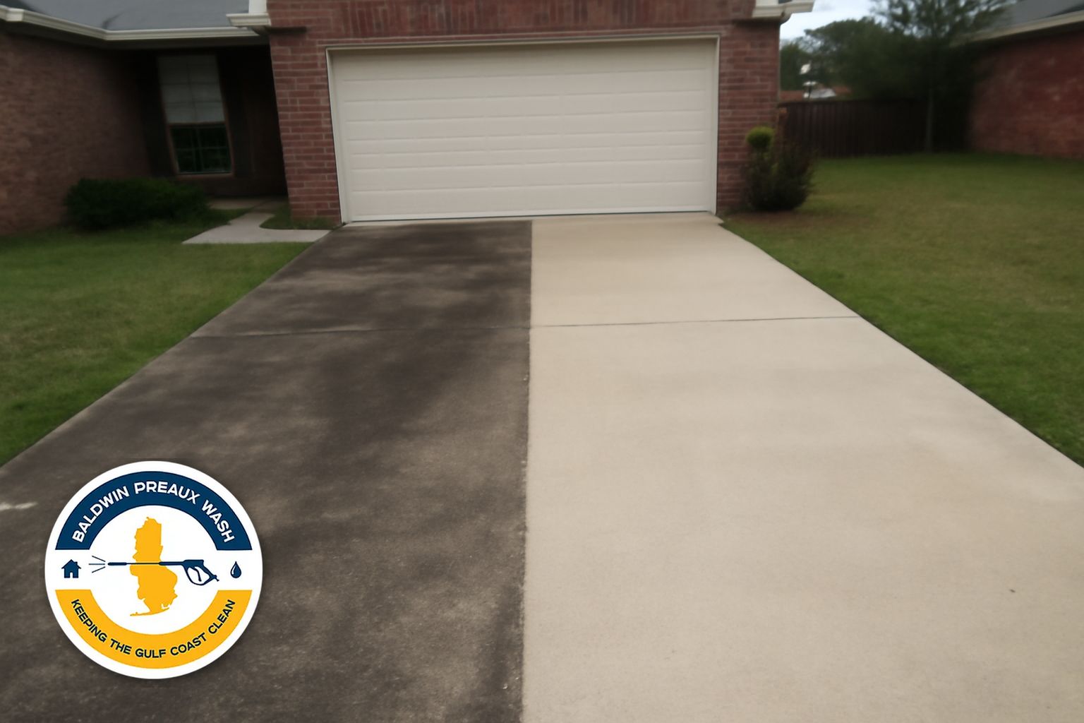 Concrete walkway cleaned next to landscaping in a Fairhope Alabama residential yard