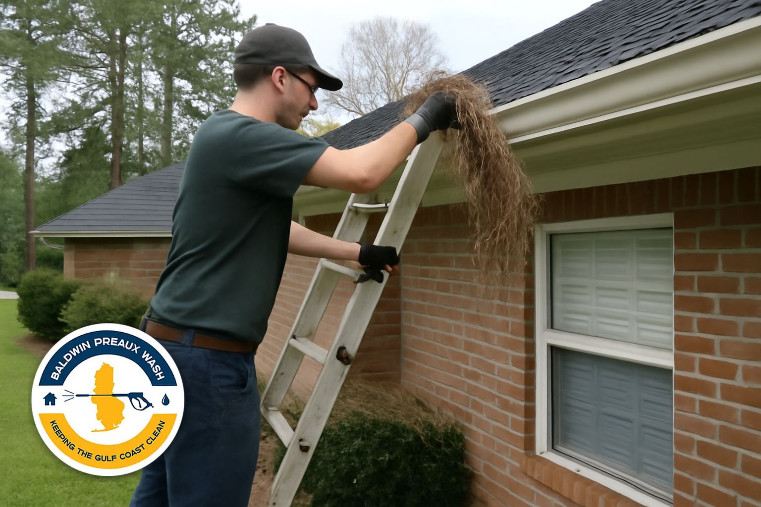 Technician clearing pine needle debris from gutters on a Daphne Alabama home