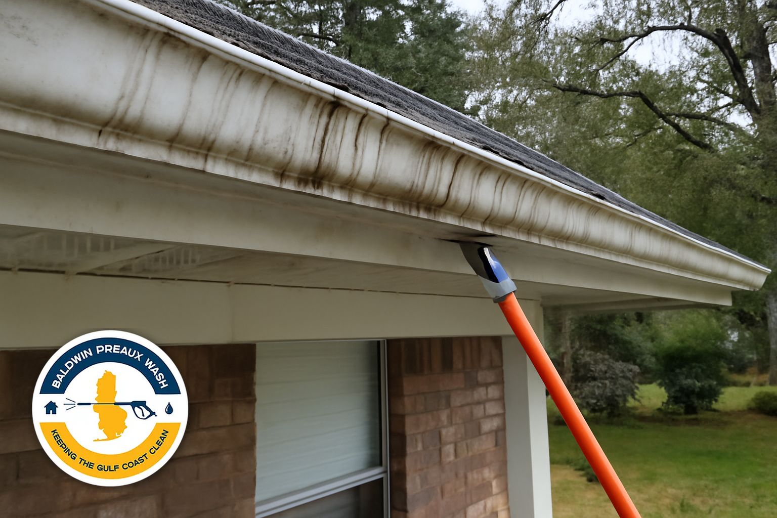 Tiger-stripe oxidation staining on white aluminum gutters in Fairhope Alabama before brightening treatment