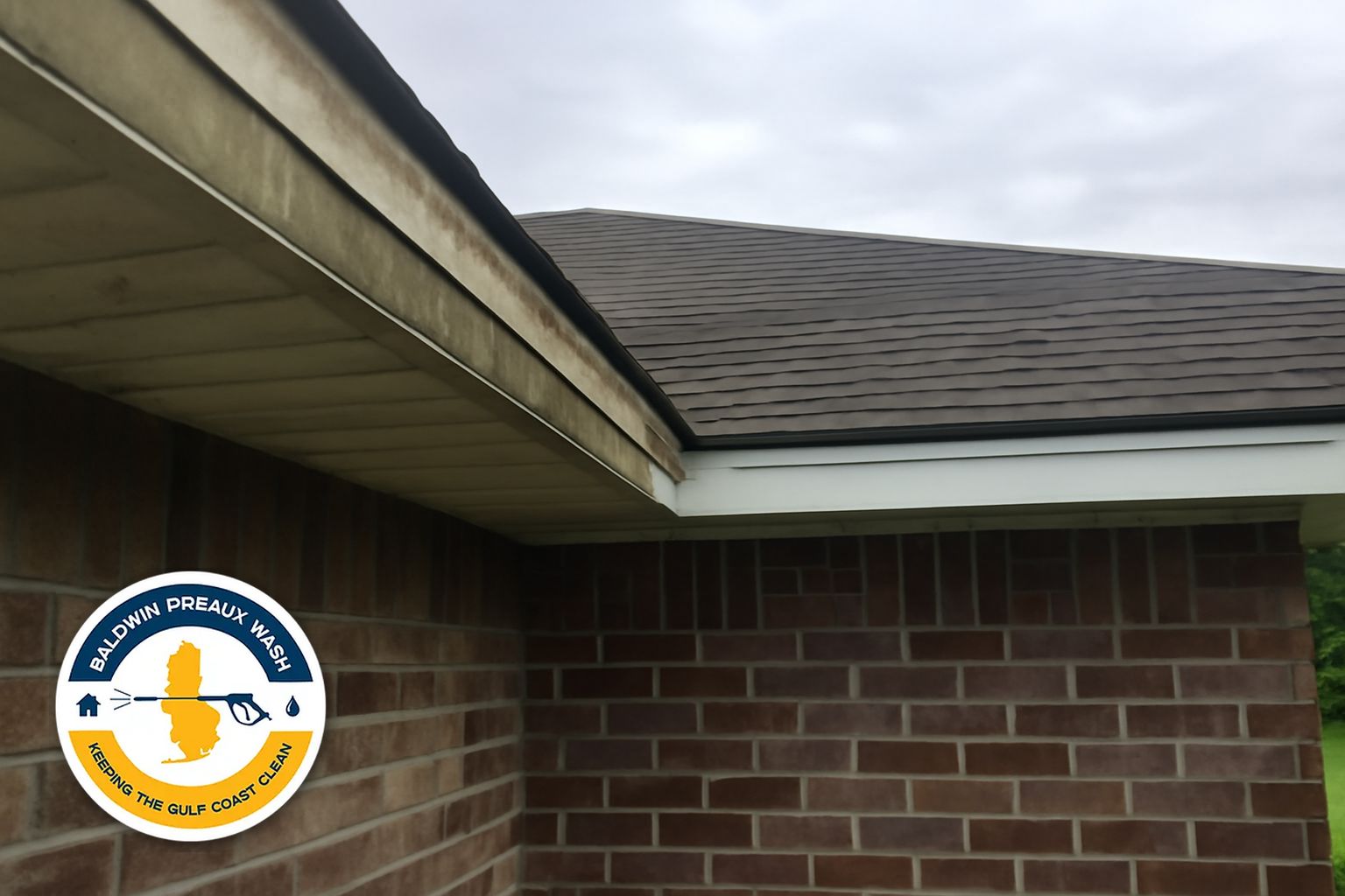 Gutter brightening on a Foley Alabama home showing before and after tiger stripe removal