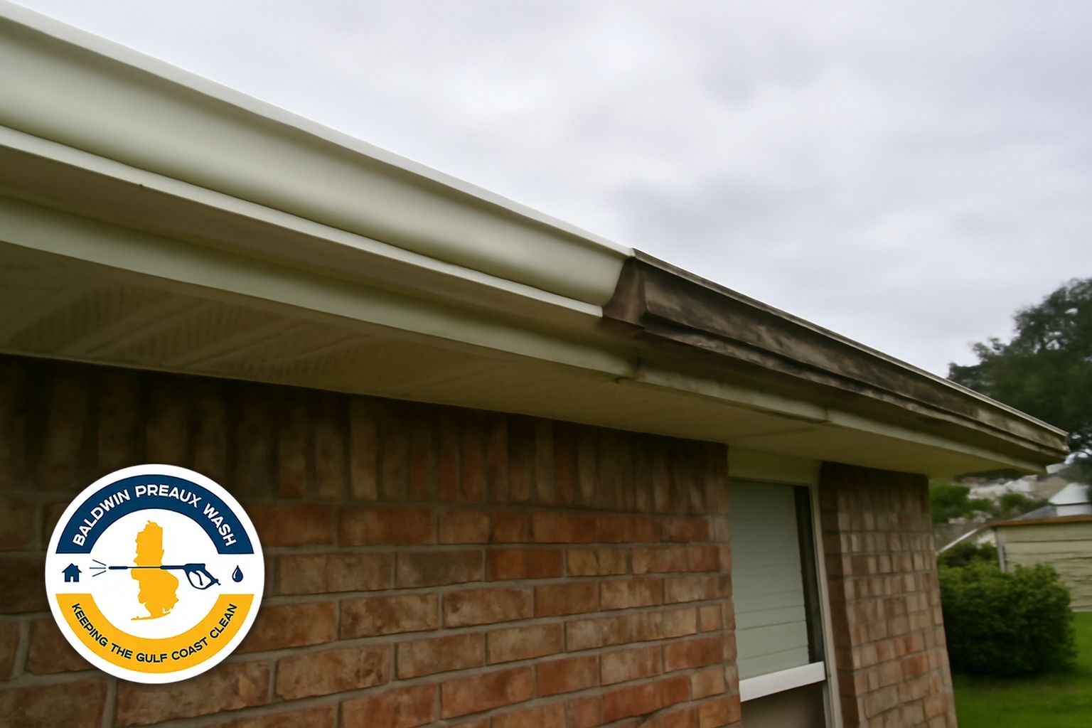 Gutter cleaning in progress on a Gulf Shores beachside home with visible salt air oxidation