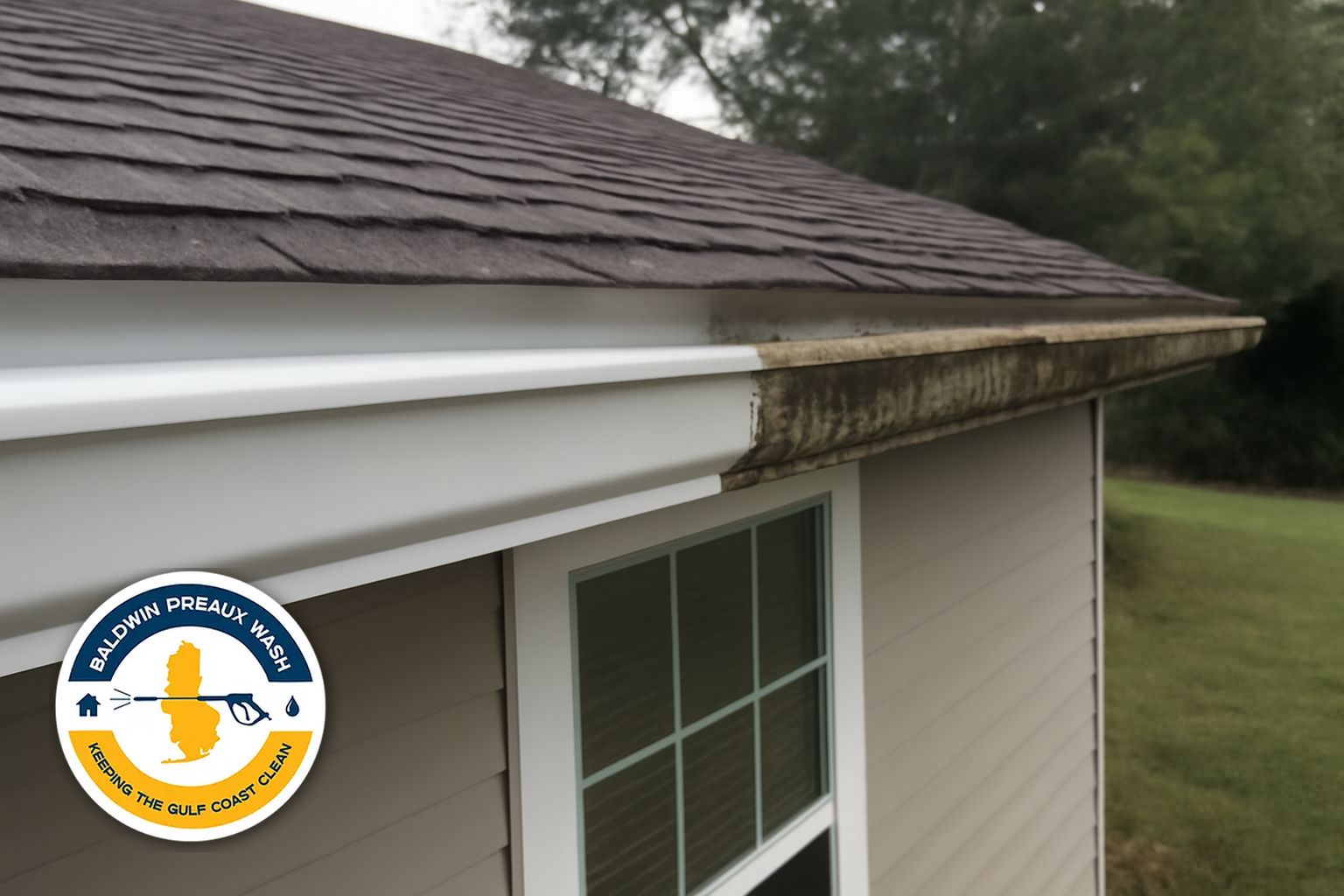 Before and after gutter brightening on a Gulf Coast home showing oxidation removal