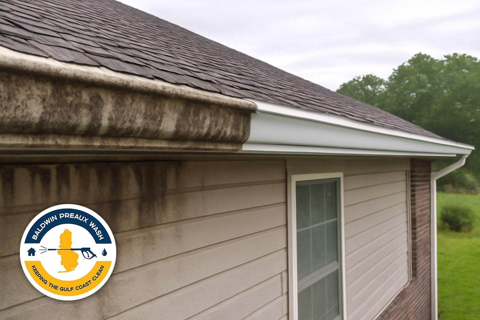 Gutter cleaning and brightening on a Robertsdale home with oxidation streaks removed