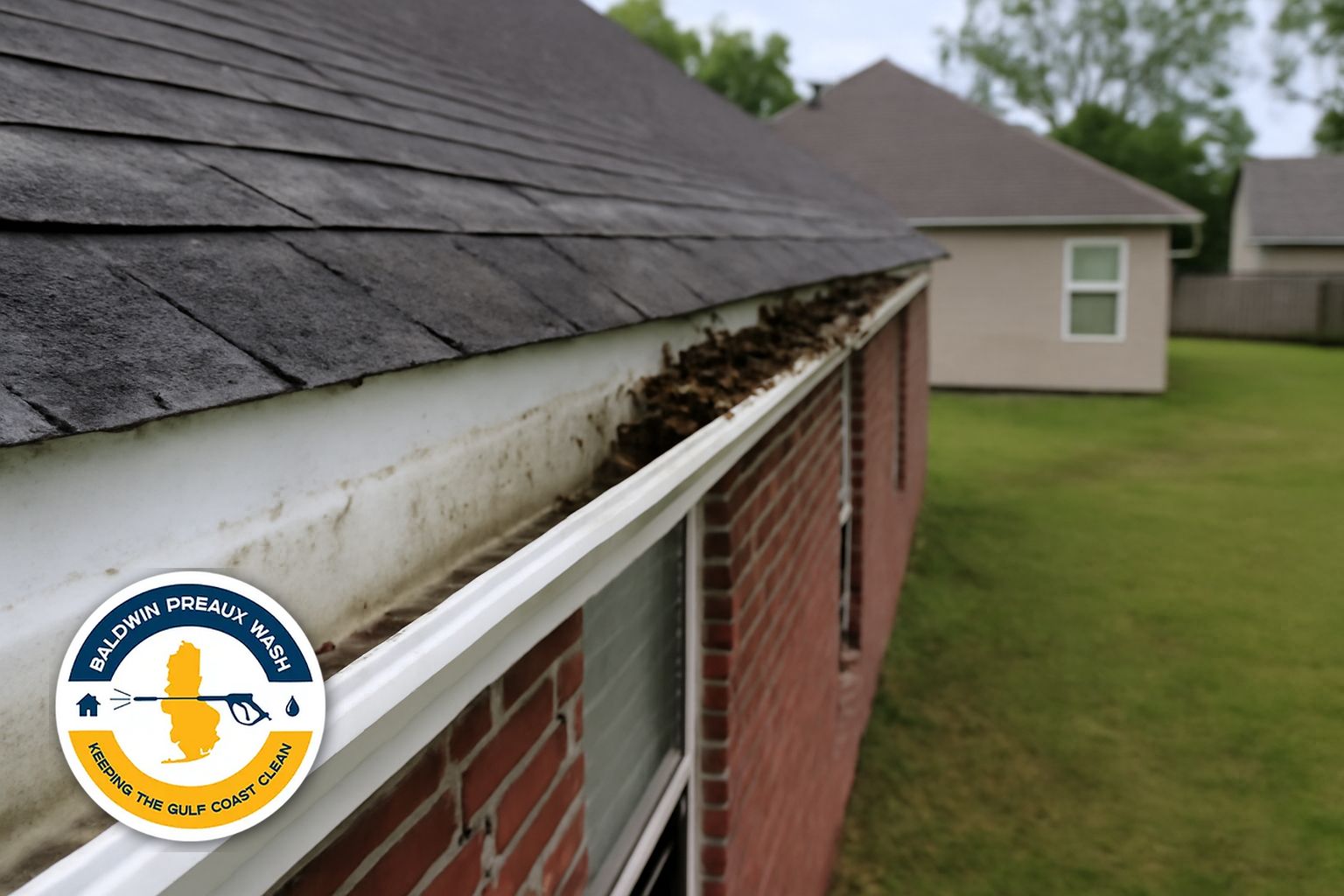 Clean brightened gutters on a North Baldwin home after Baldwin Preaux Wash service