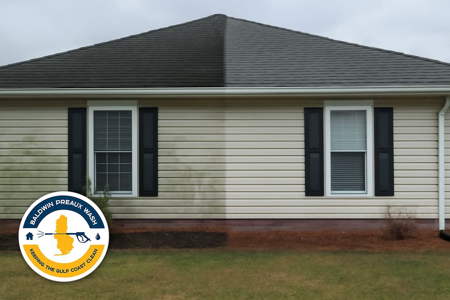 Soft washing a two-story vinyl siding home in Daphne Alabama 36526