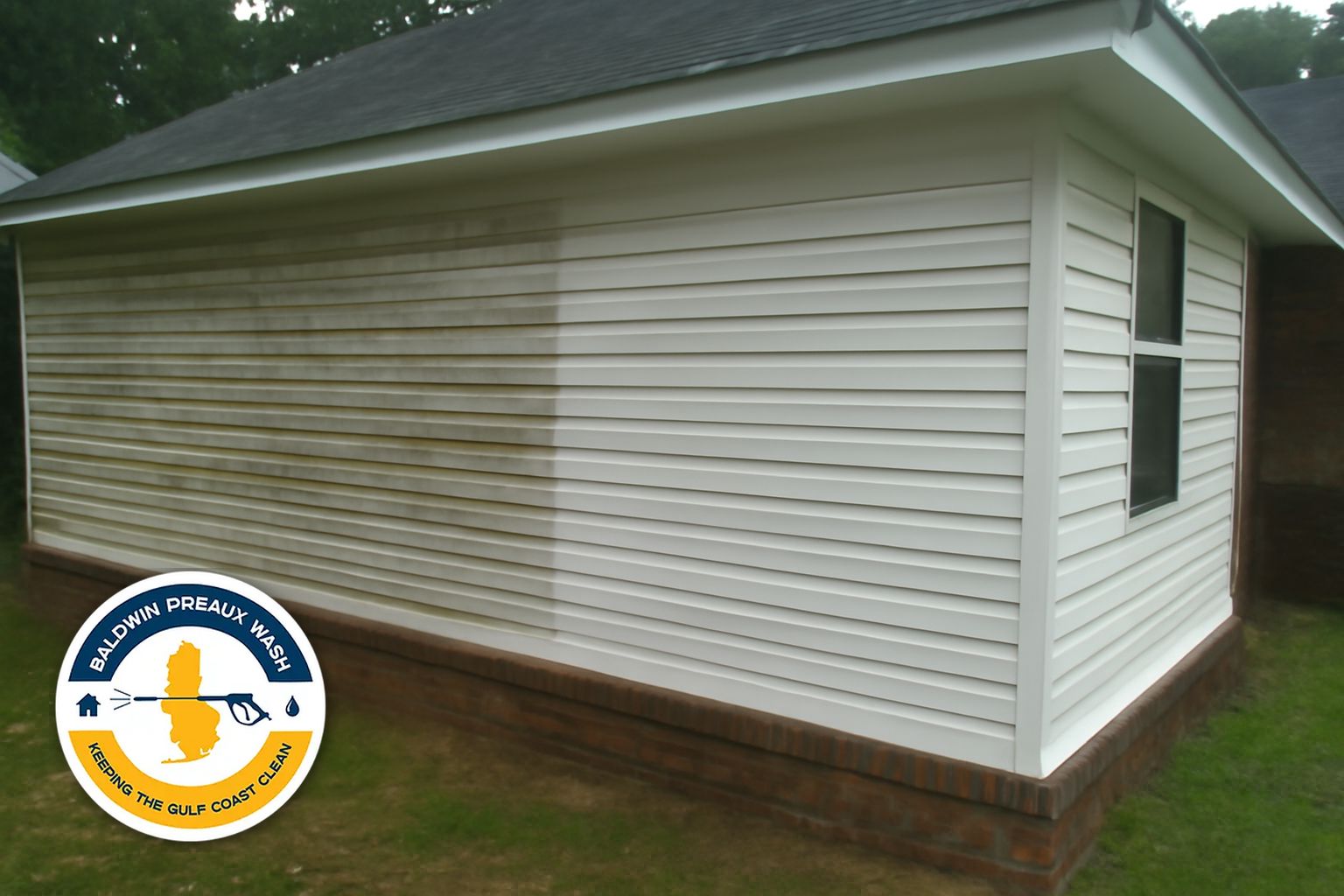Soft wash rinse on a Hardie plank home in Daphne Alabama after mildew treatment