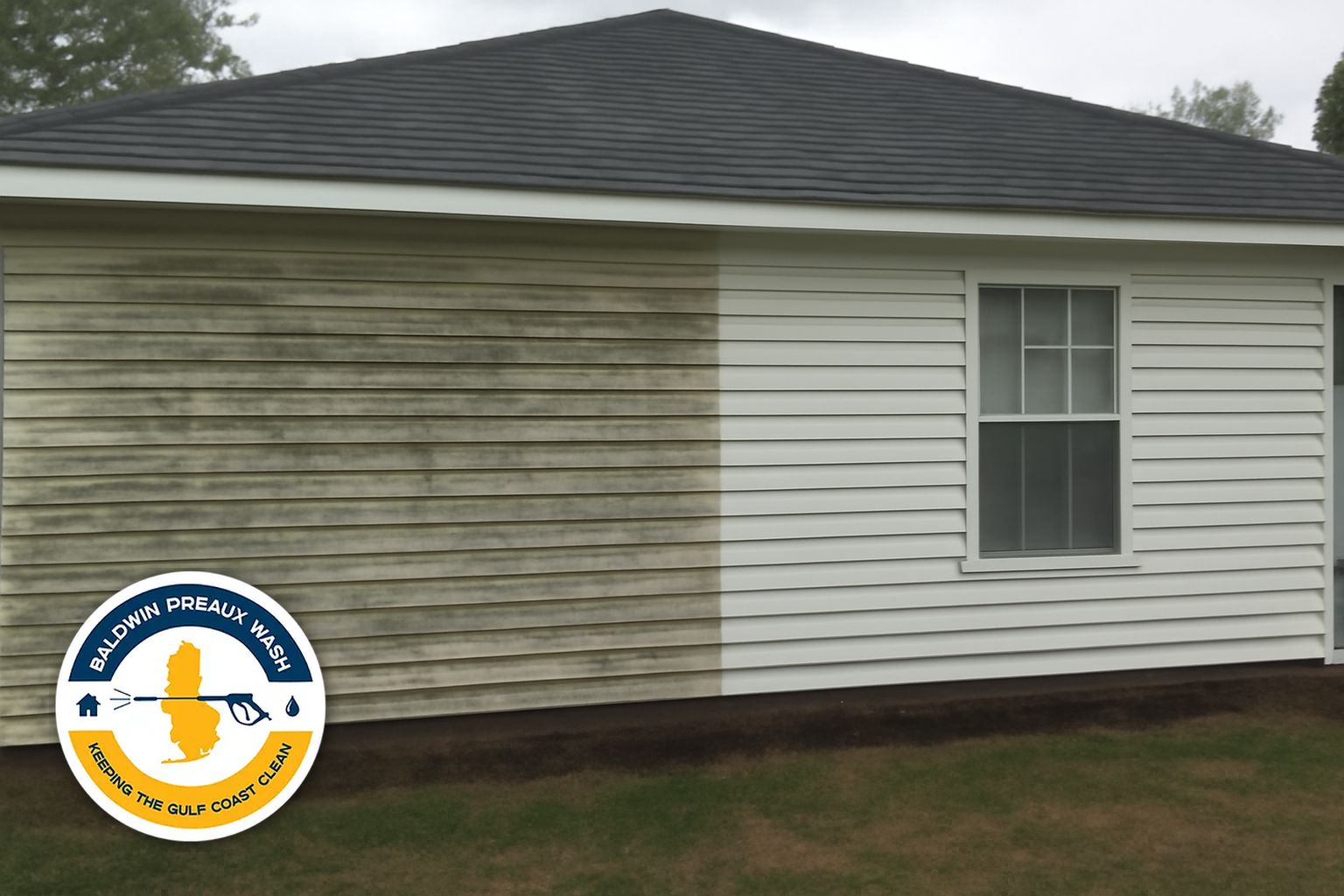 Crew pre-wetting landscaping beds before soft washing a Fairhope AL home