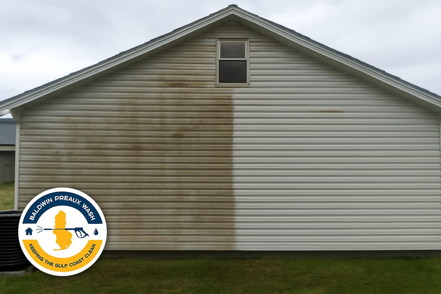 Soft washing crew treating mildewed siding on a Gulf Shores beach house