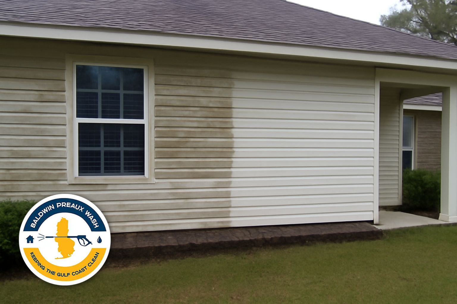 Clean white soffits and siding on a Gulf Shores home after soft washing treatment