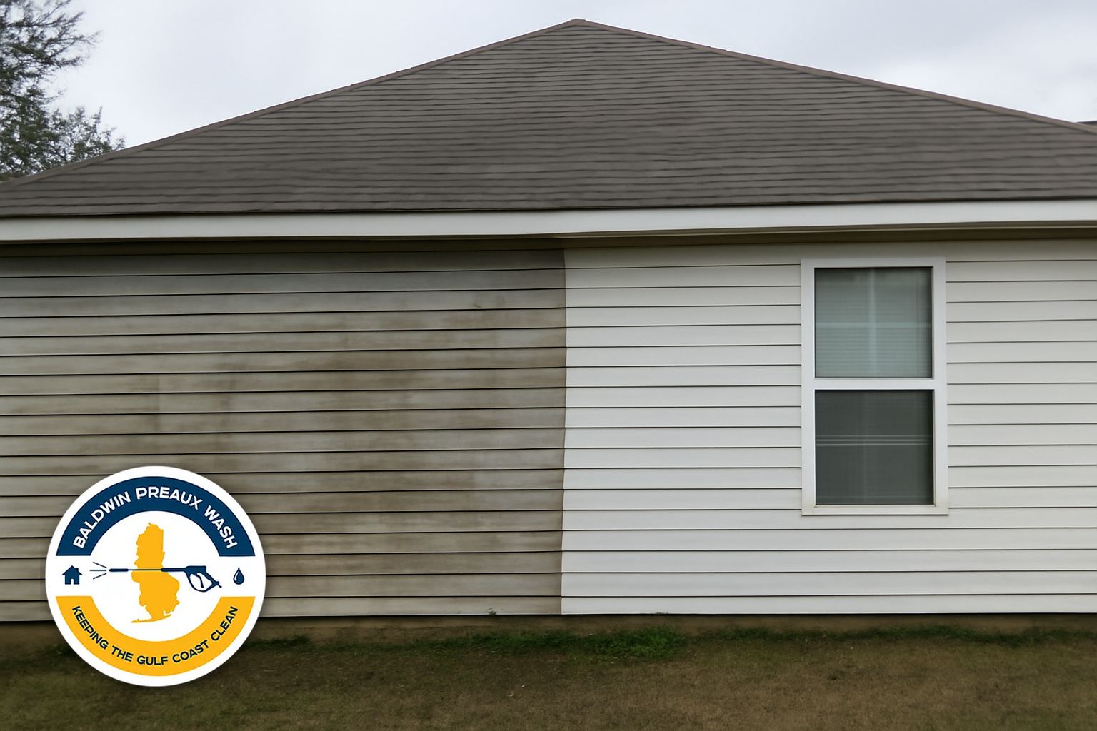 Soft washing treatment applied to the siding of a Mobile, AL home in the Spring Hill area