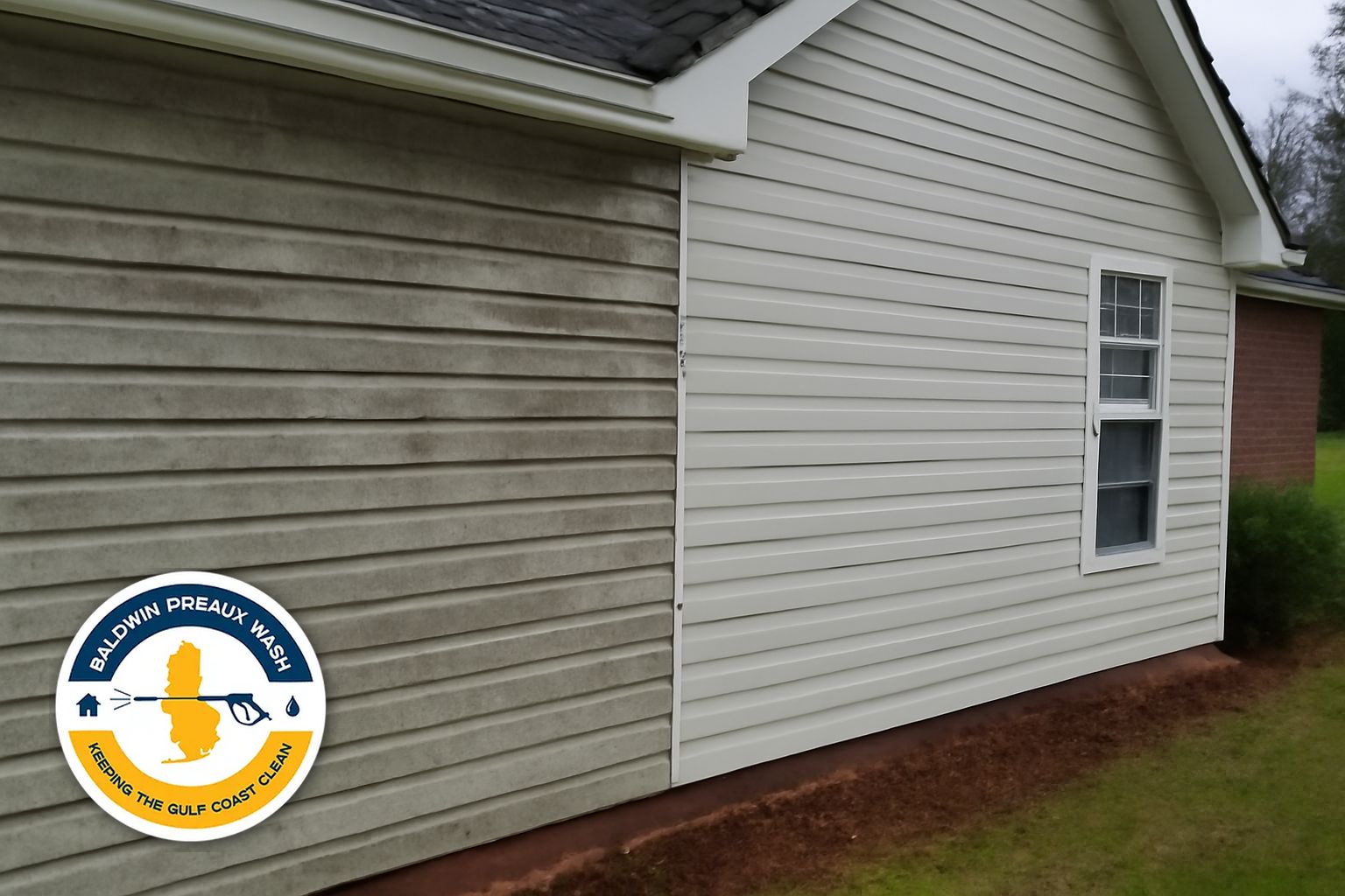 Baldwin Preaux Wash crew rinsing a Spring Hill Mobile Alabama home after soft wash treatment