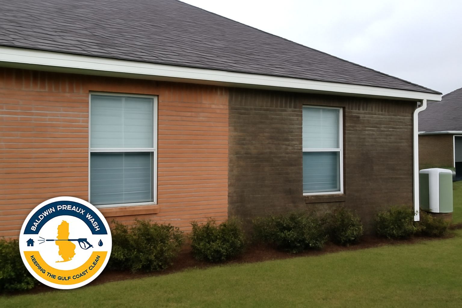 Pressure washing crew rinsing a two-story home exterior in Daphne Alabama near Mobile Bay