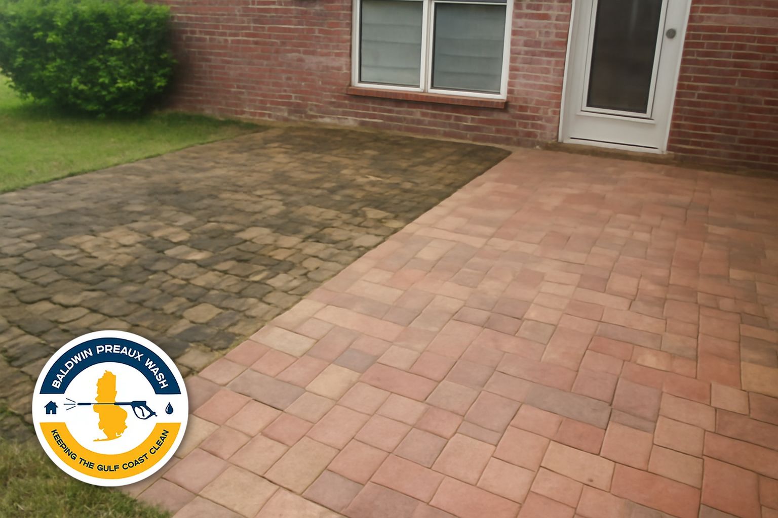 Paver patio before and after professional cleaning in Mobile AL