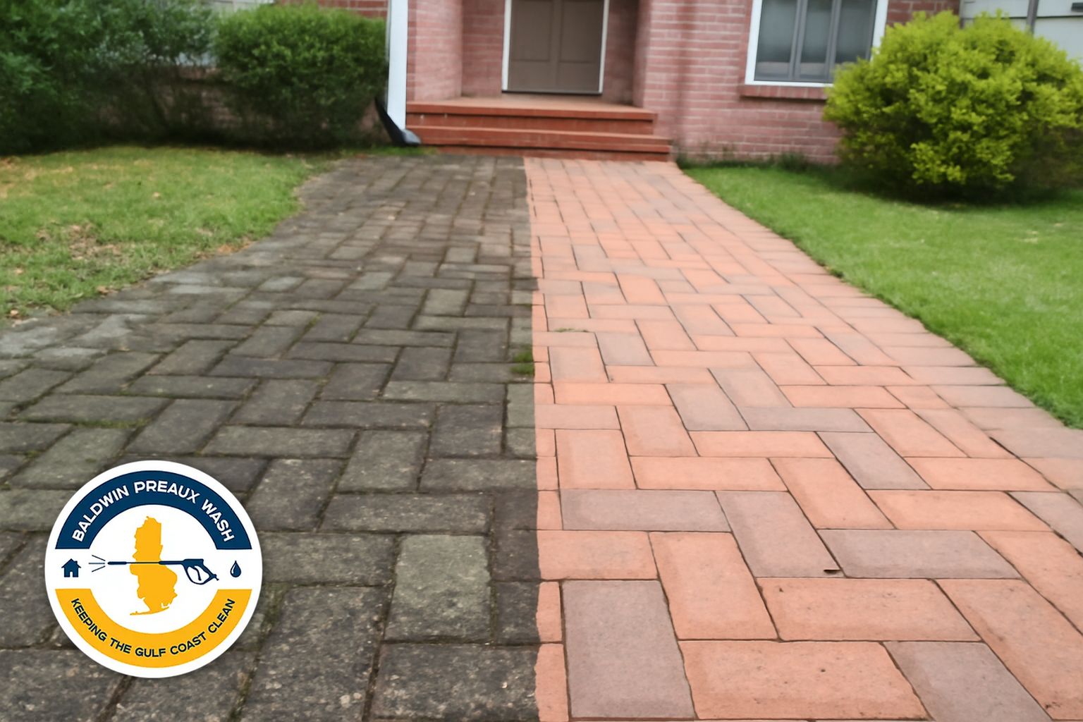 Sealed paver driveway in Spring Hill Mobile Alabama with even sheen and clean joints