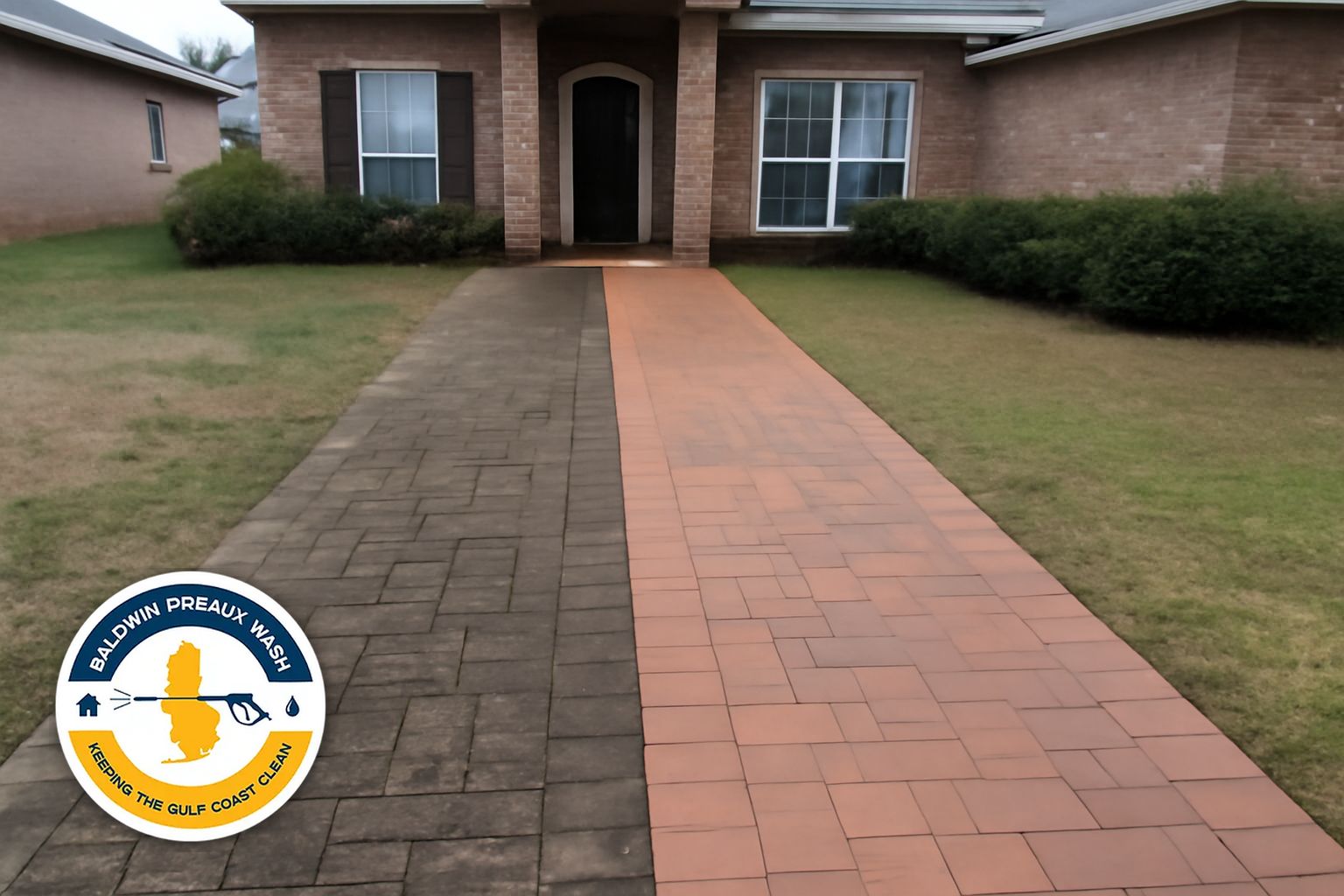 Paver driveway in Foley Alabama before and after cleaning and sealing