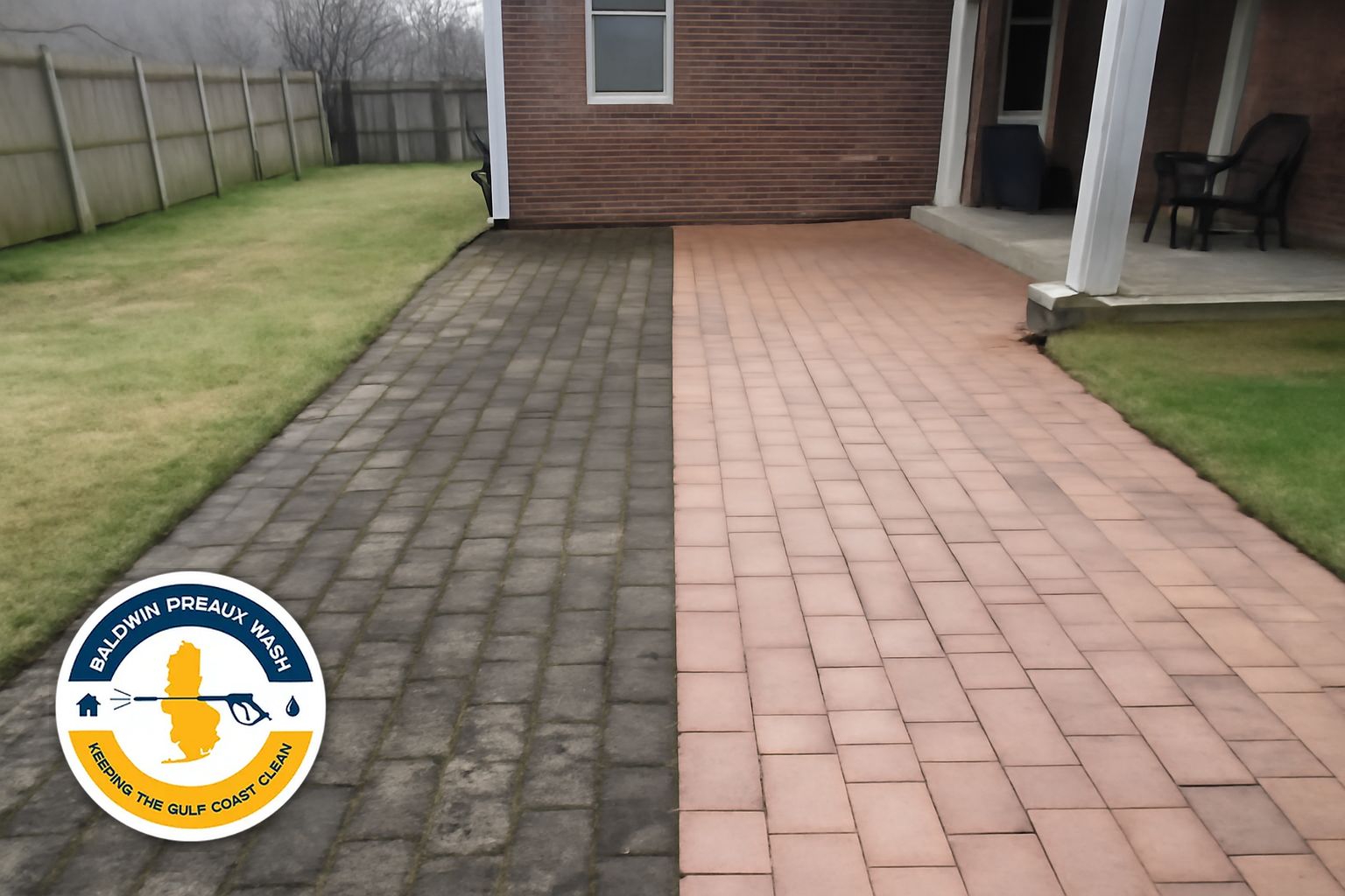Paver driveway in Spanish Fort Alabama before and after professional cleaning and sealing