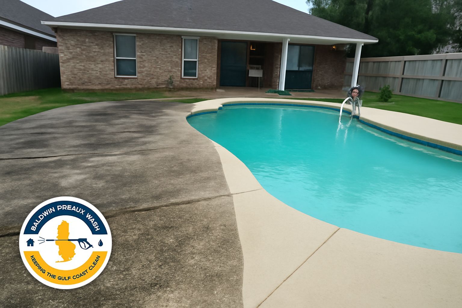 Pool deck before and after soft wash cleaning in Orange Beach Alabama