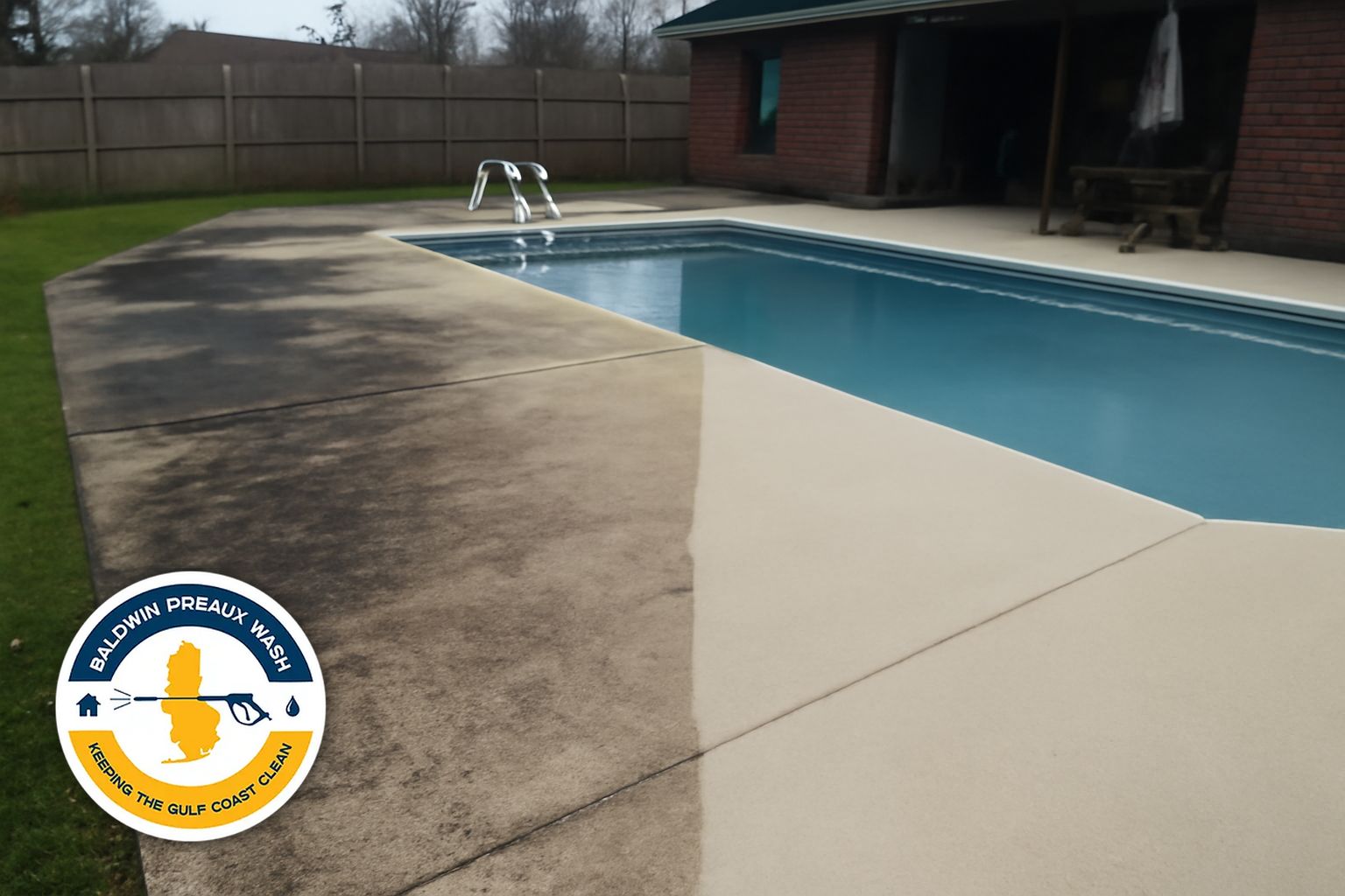 Green algae coating on a concrete pool deck in Robertsdale Alabama before cleaning