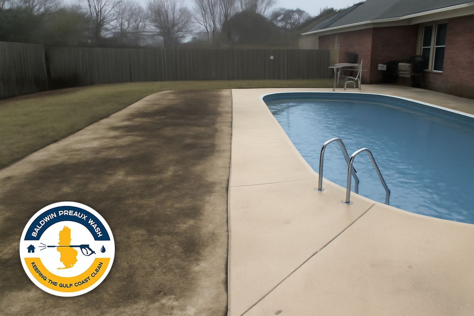 Pool deck cleaning in Spanish Fort Alabama showing algae removal on concrete