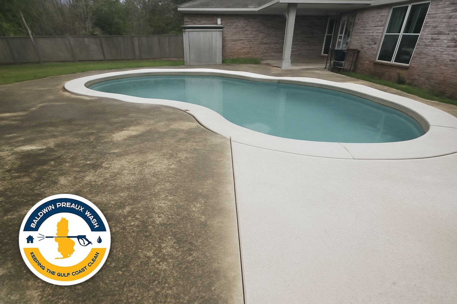 Green algae staining on a concrete pool deck in Spanish Fort, Alabama before soft wash cleaning
