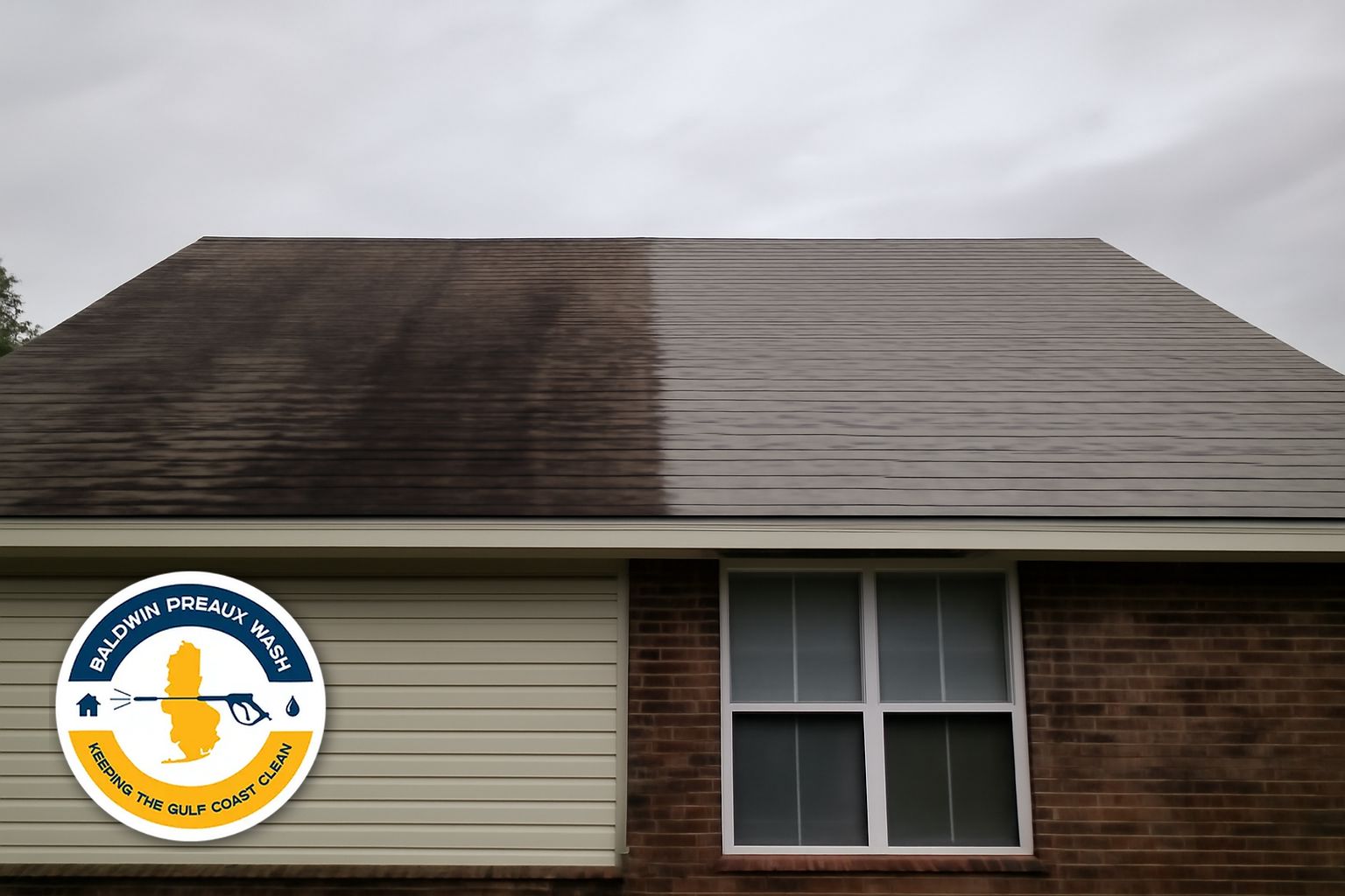 Heavy algae streaking on asphalt shingles of a Fort Morgan coastal home