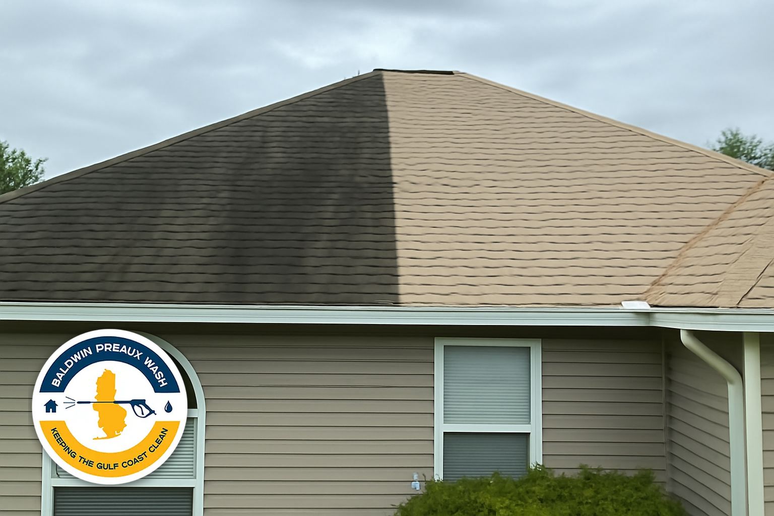 Algae streaks running down asphalt shingles on an Orange Beach coastal home before soft washing treatment