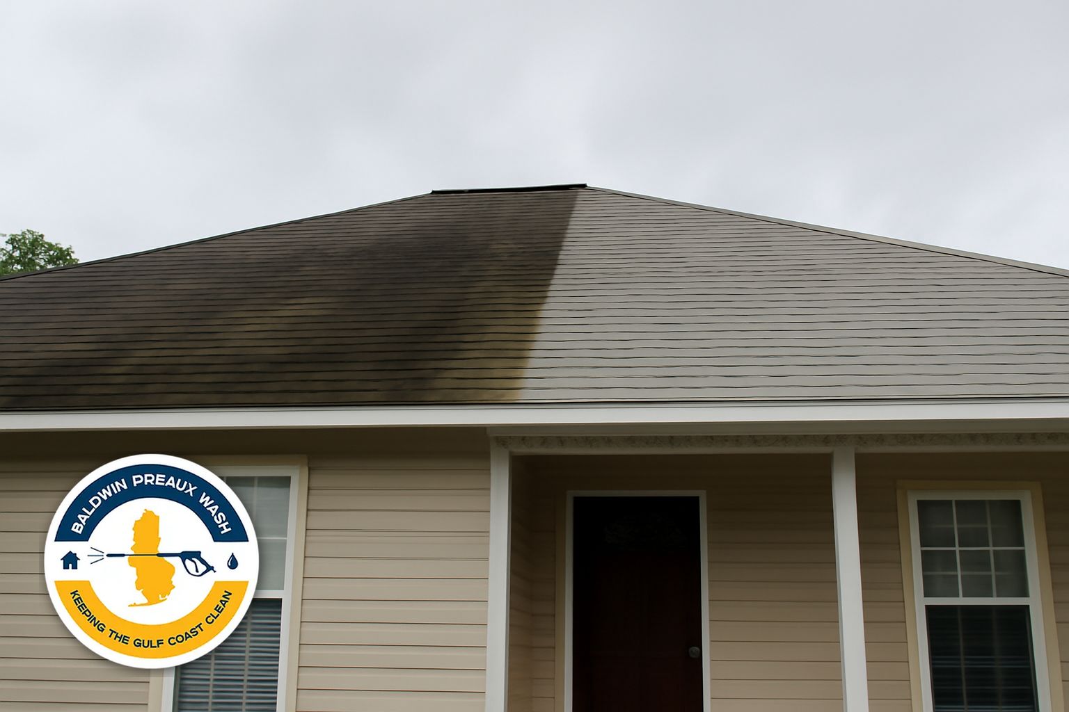 Before and after side-by-side of an Orange Beach shingle roof showing black streak removal after soft washing