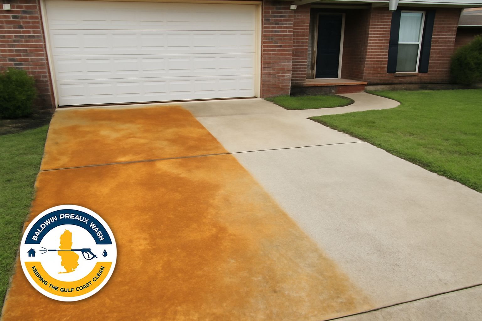 Clean concrete driveway after rust stain removal in Mobile Alabama