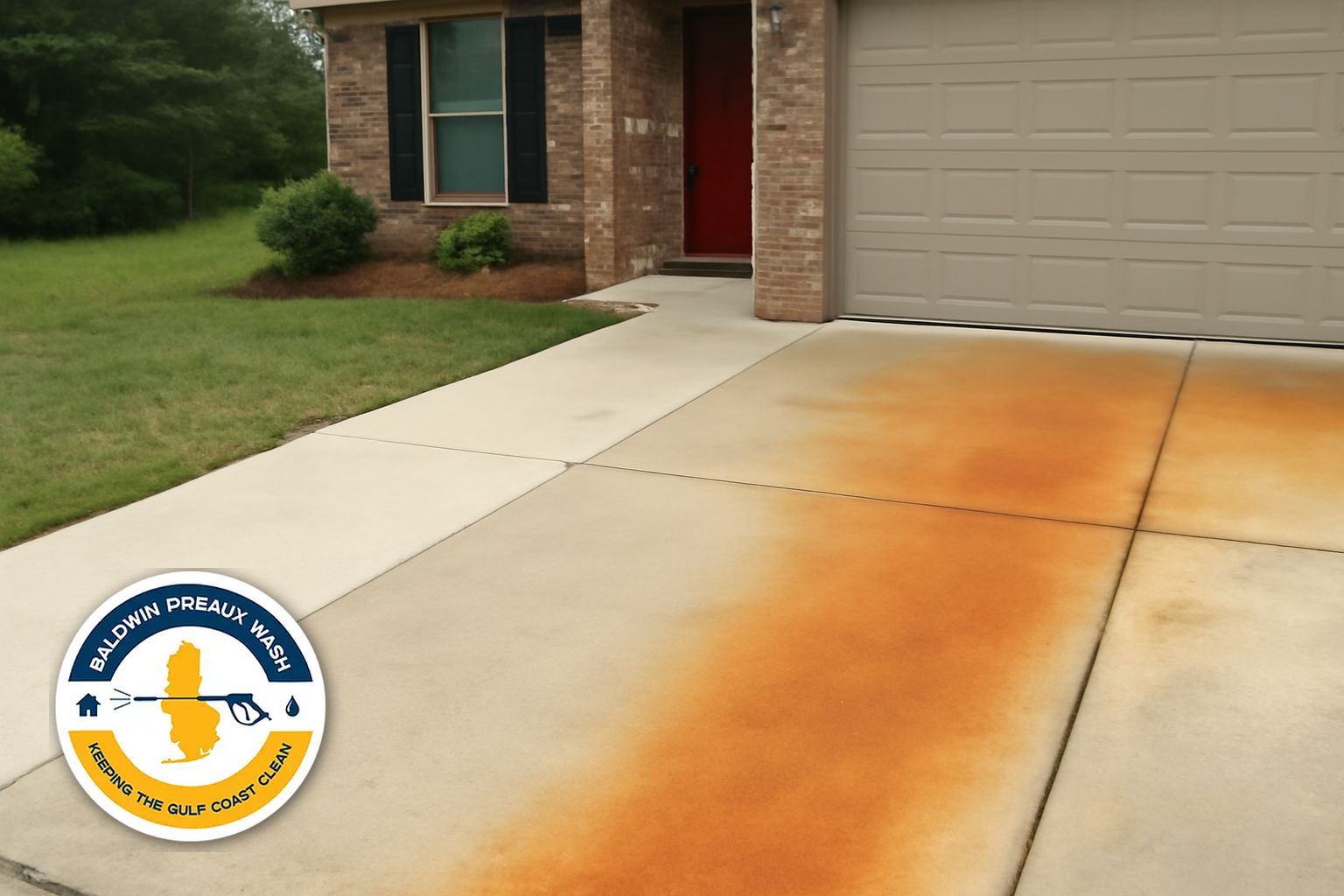 Clean concrete sidewalk after rust stain removal in Daphne Alabama