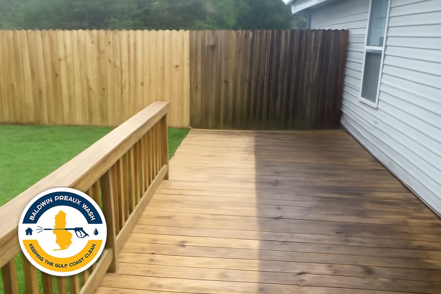 Baldwin Preaux Wash technician cleaning a wood deck on a Daphne Alabama home