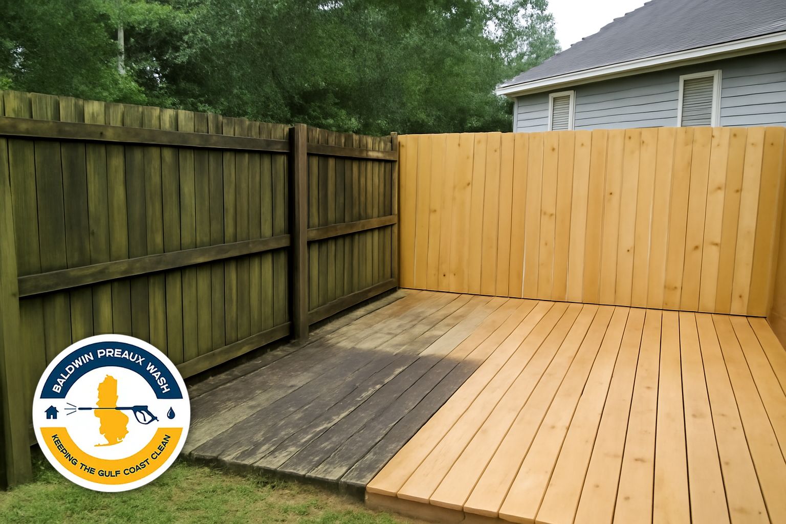 Mildew-covered wood privacy fence in a Daphne AL backyard before soft washing