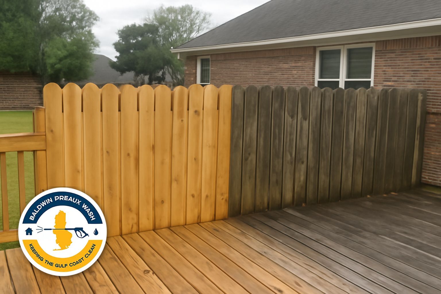 Baldwin Preaux Wash technician soft washing a wood privacy fence in Daphne Alabama