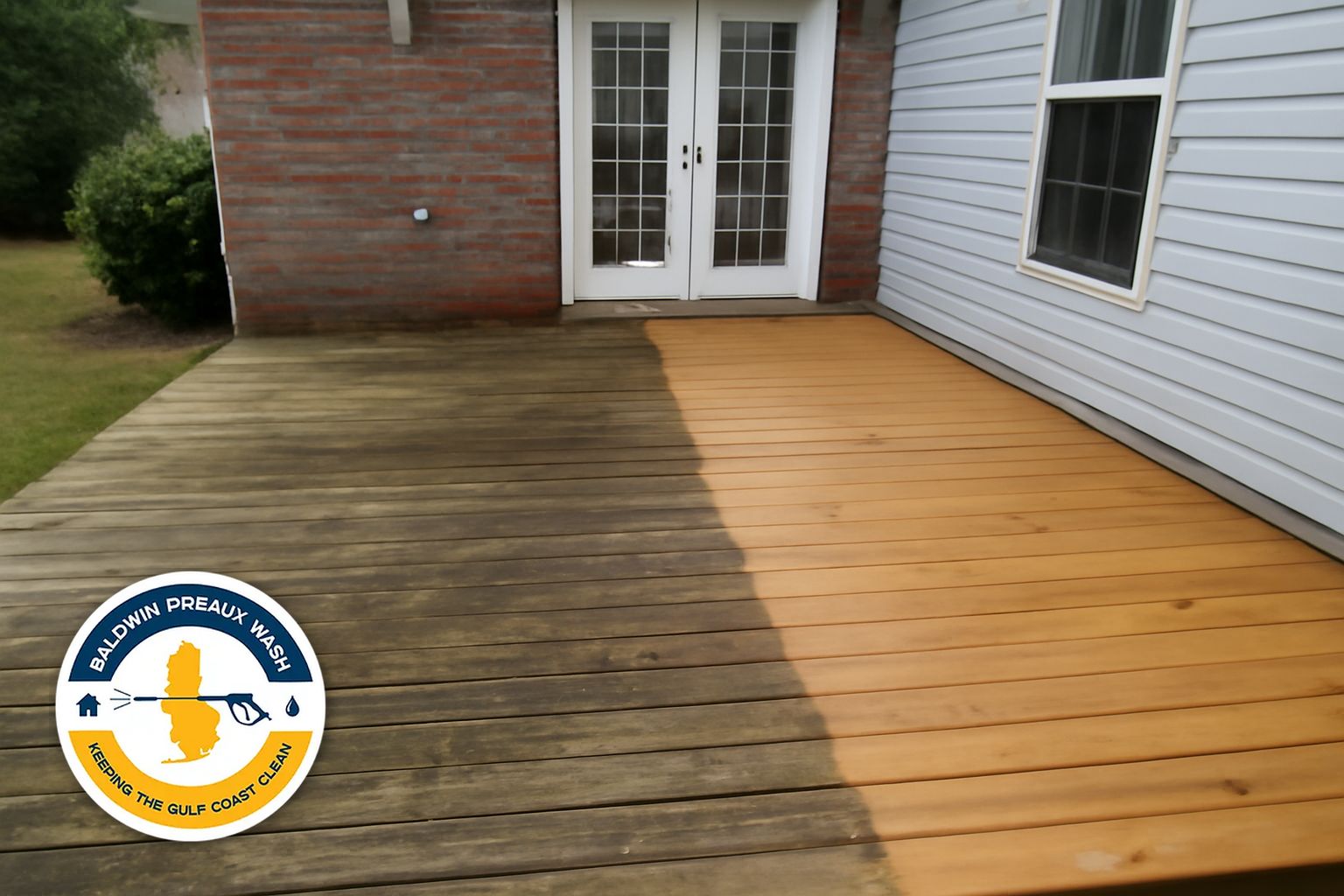 Wood deck with gray mildew staining before soft wash cleaning in Fairhope Alabama