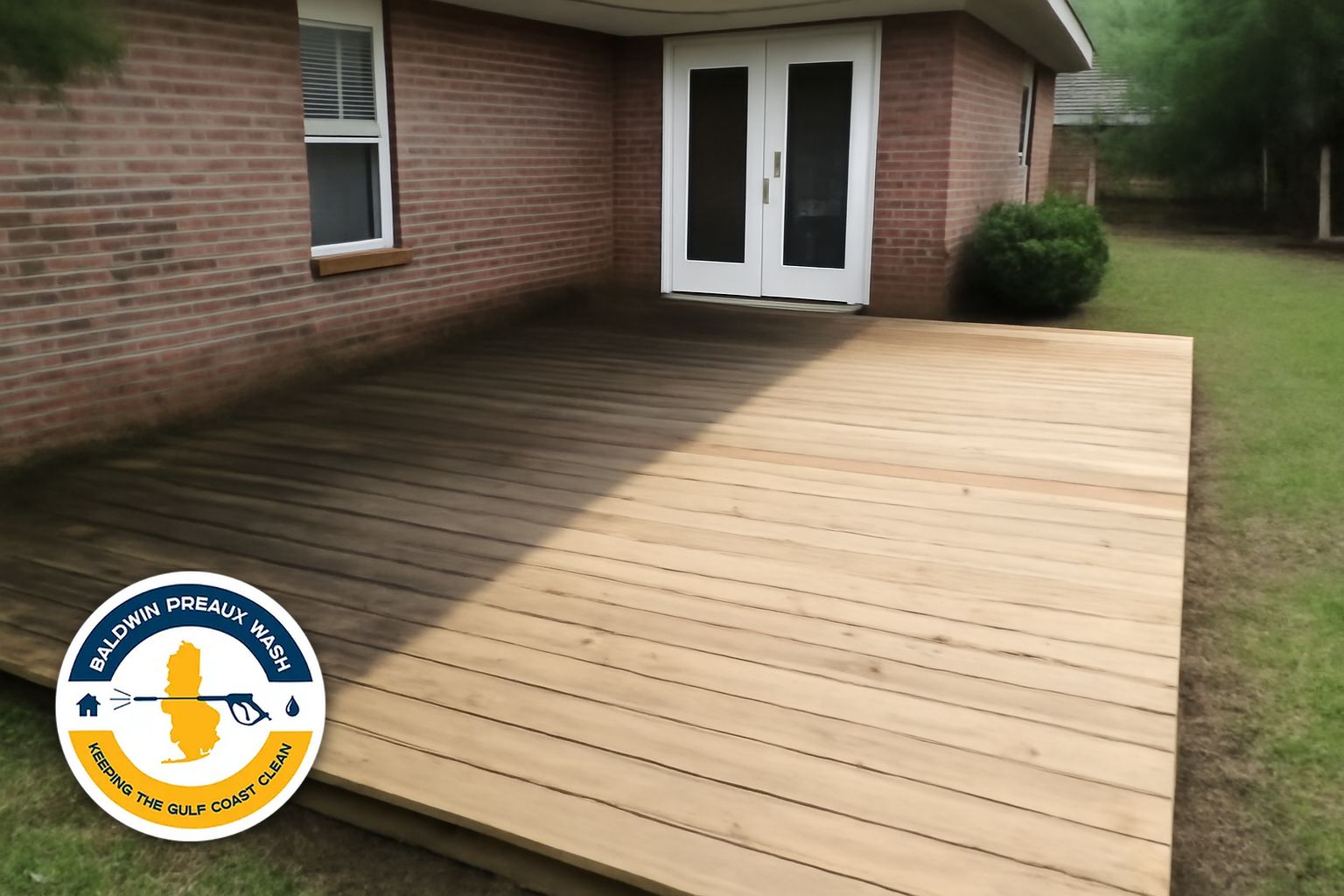 Clean restored wood deck in Fairhope Alabama after soft wash service by Baldwin Preaux Wash
