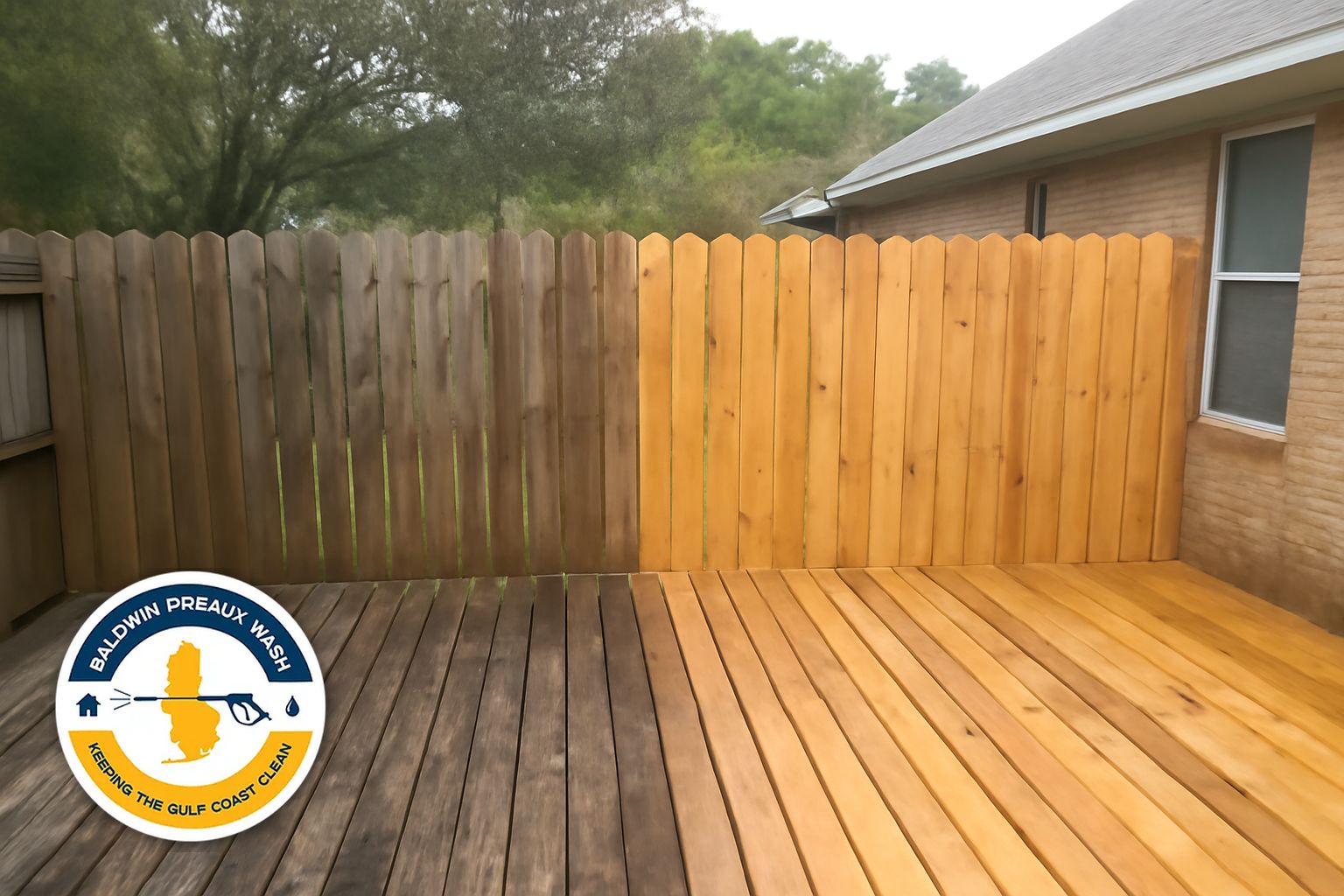 Wood deck boards in Fairhope AL cleaned and brightened showing natural wood grain