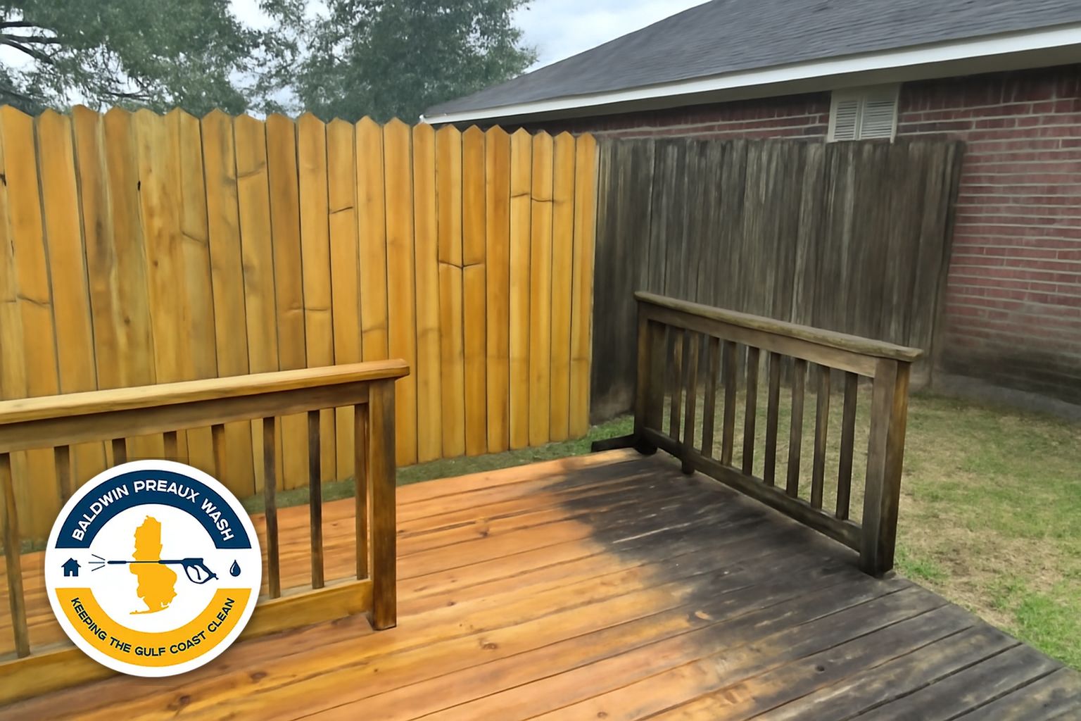 Pressure washing technician cleaning weathered deck boards on a Fairhope Alabama home