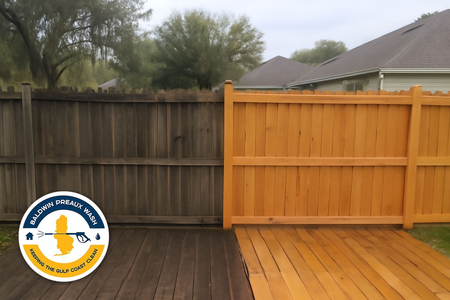 Weathered gray deck boards before soft wash cleaning in Foley Alabama