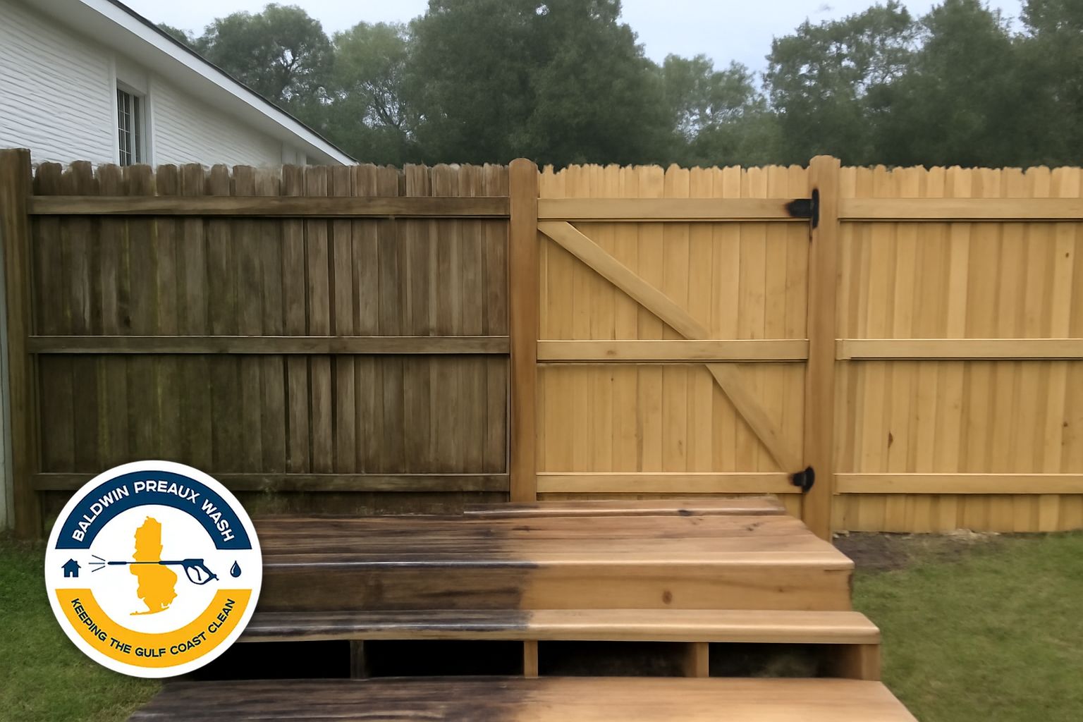 Wood privacy fence in Foley Alabama before and after soft wash cleaning
