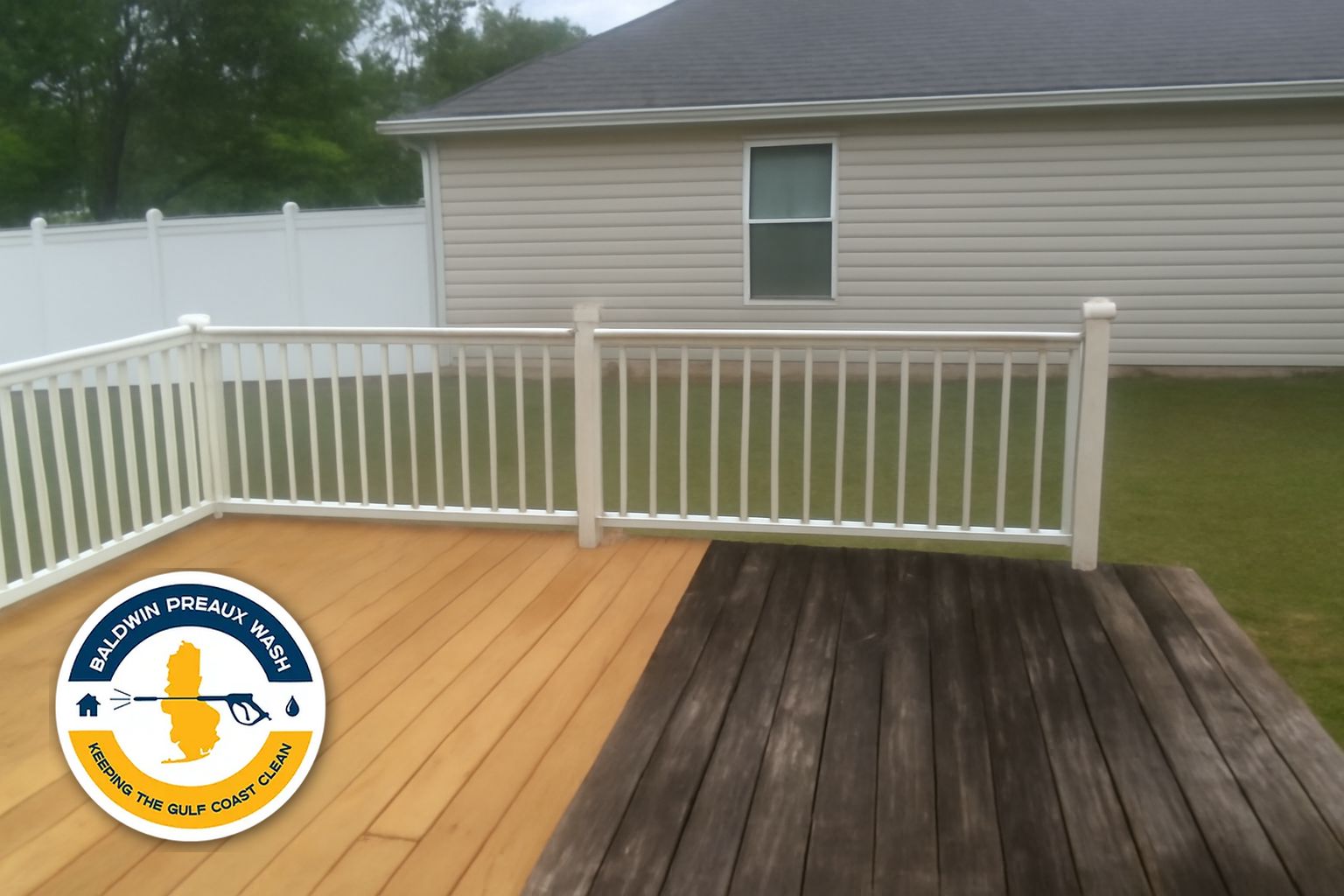 Baldwin Preaux Wash technician soft washing a wood privacy fence on the Fort Morgan peninsula