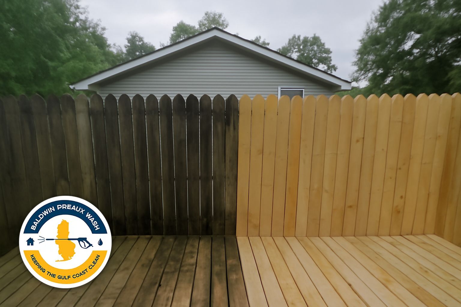 Gray weathered wood fence being soft-washed in Gulf Shores Alabama