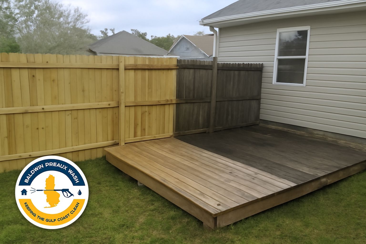 Baldwin Preaux Wash technician soft-washing a wood privacy fence on a Gulf Coast property