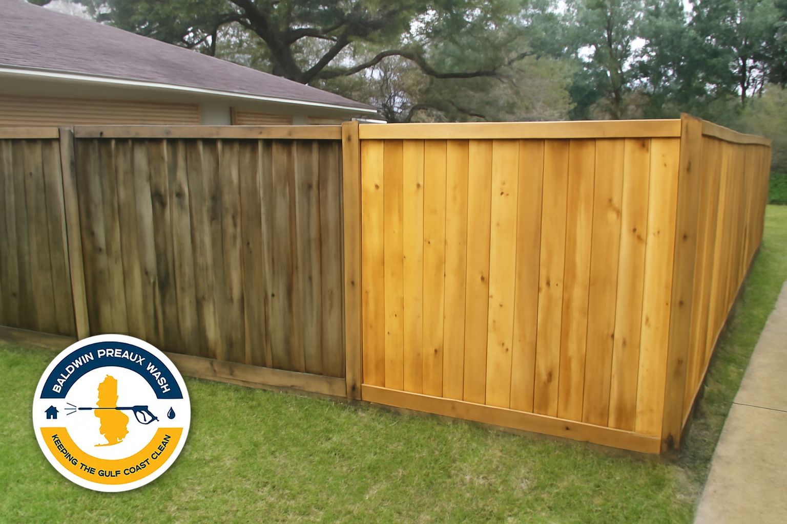 Clean and freshly prepped wooden deck boards in Downtown Mobile ready for staining