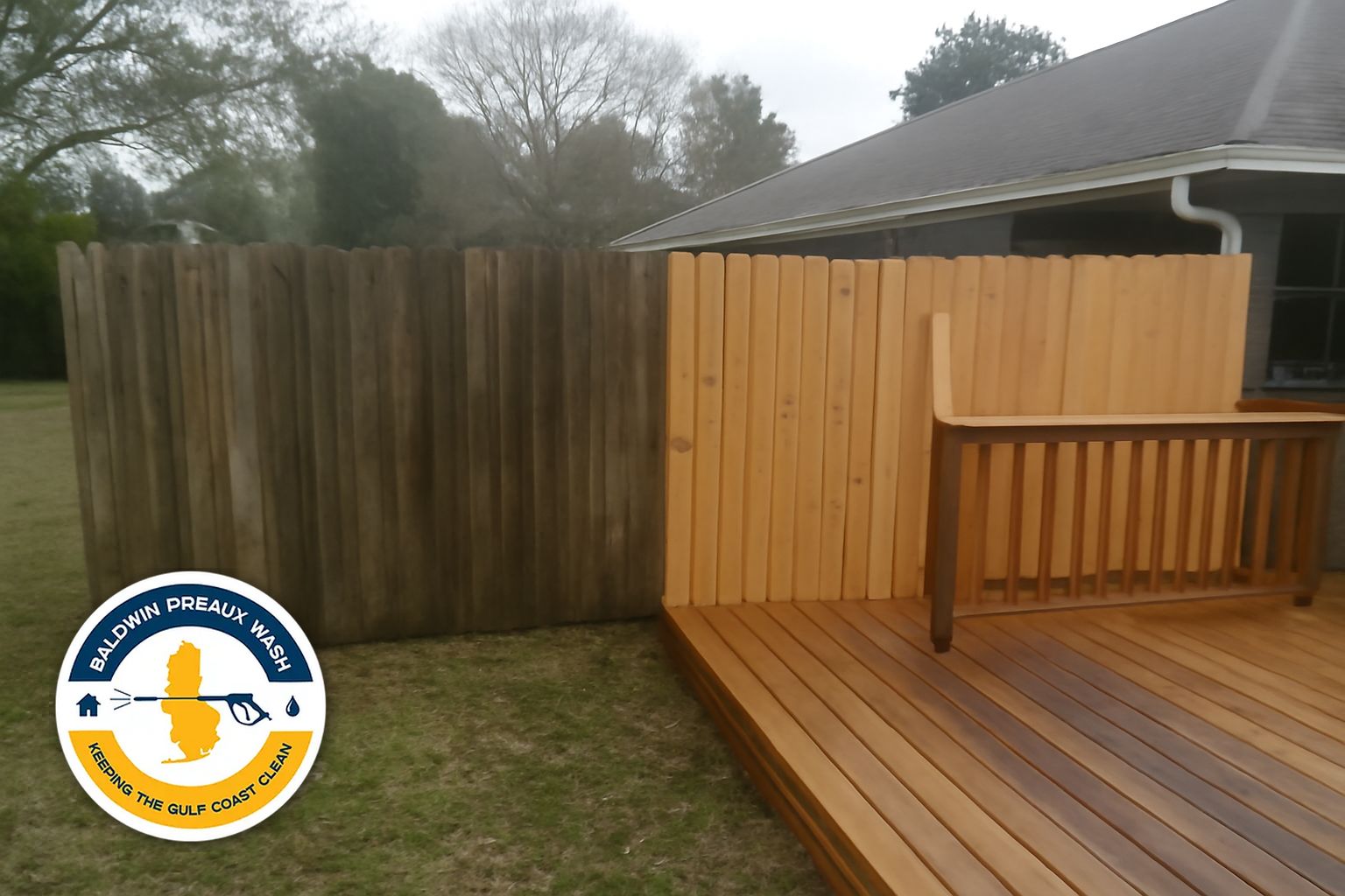 Wood deck with green and gray mold buildup in Mobile Alabama before cleaning