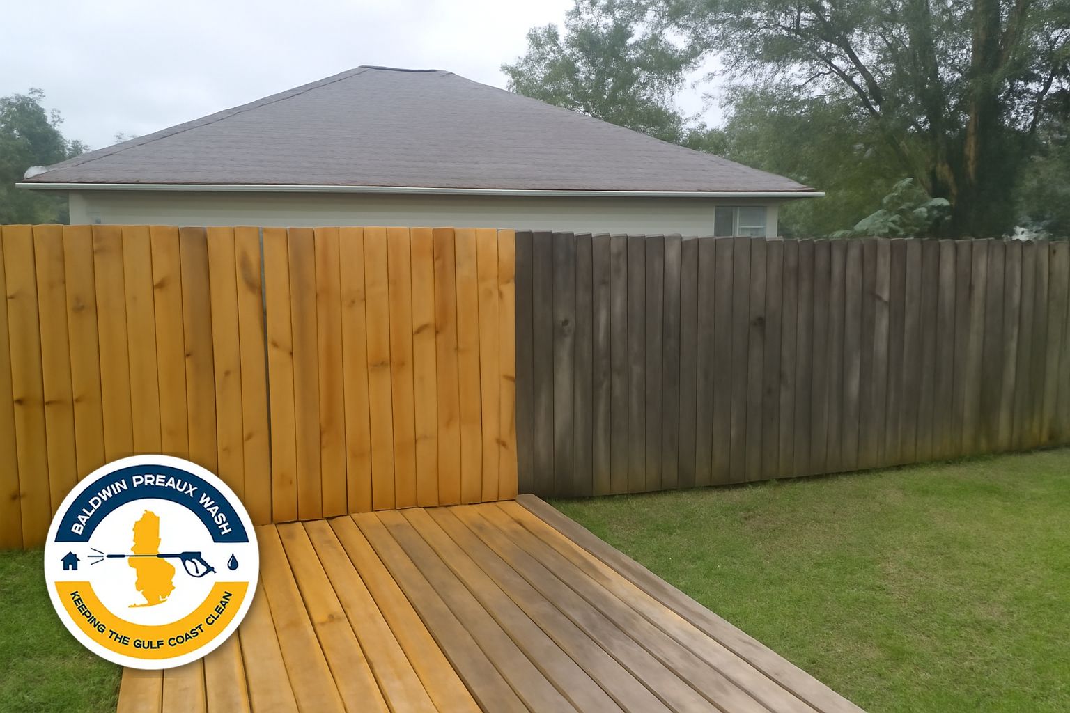 Wood deck boards close up after professional soft wash cleaning in Mobile Alabama