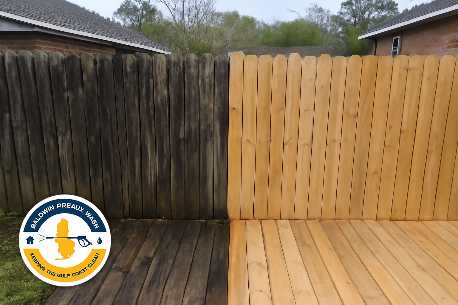 Gray mildew-covered wood privacy fence before soft-wash cleaning in Saraland Alabama