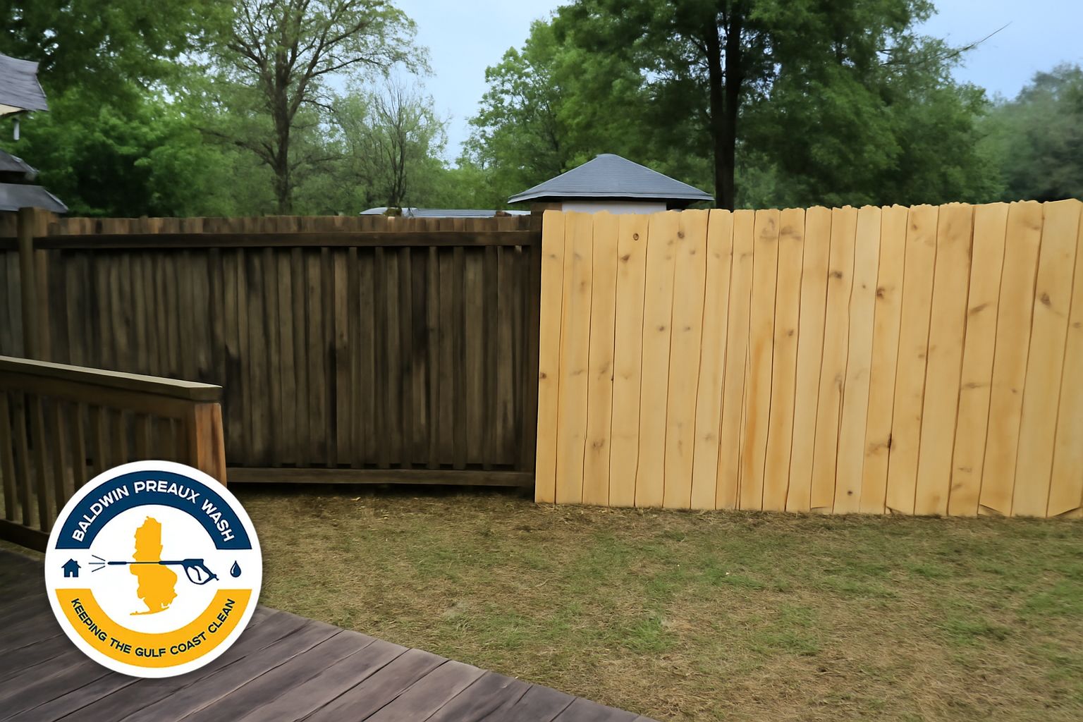Wood fence with green mildew and gray oxidation before soft washing in Spring Hill Mobile AL